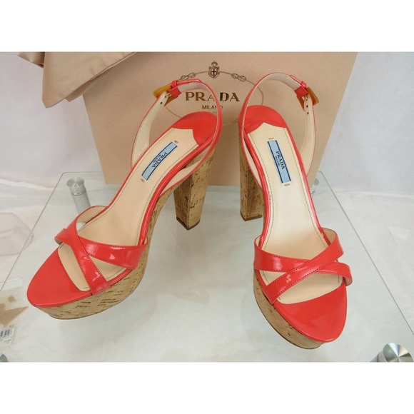 NIB PRADA 1Z648D CORAL PINK PATENT LEATHER SLINGBACK CORK SANDALS PUMPS 39.5 - Picture 9 of 12